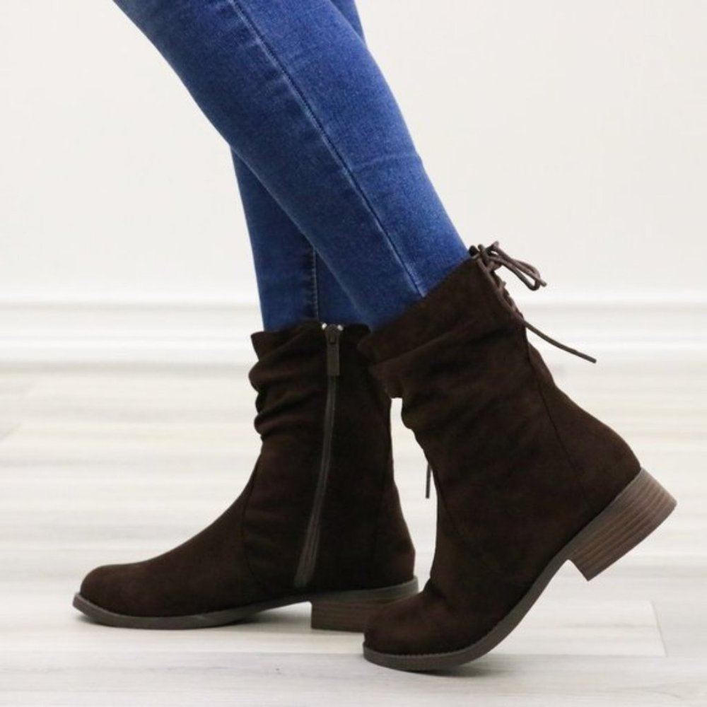 Brown Round Toe Suede Ankle Booties With Lace Back - Picture 7 of 15